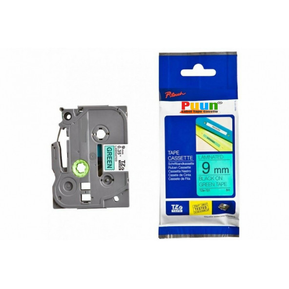 Puun Brother P-Touch TZE-721 aze721 9mm x 8m Yeşil Üzerine Siyah Muadil Laminasyon Etiket Şeridi ürün görseli 1