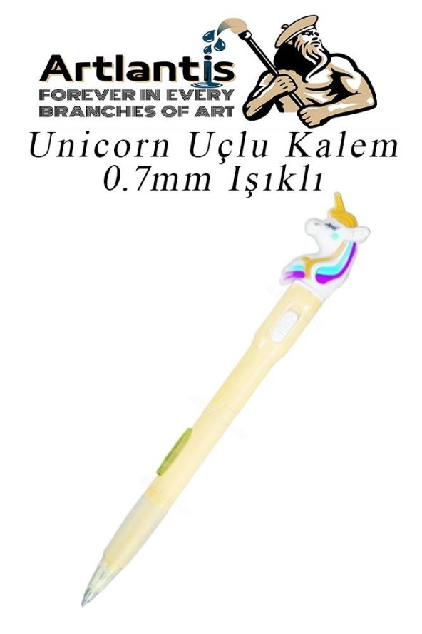 Işıklı Unicorn Uçlu Kalem Seti Sarı 0.7 mm 1 Paket Unicorn Başlıklı Versatil Kalem Süslü Silikonlu Hediyelik Kalem - 2