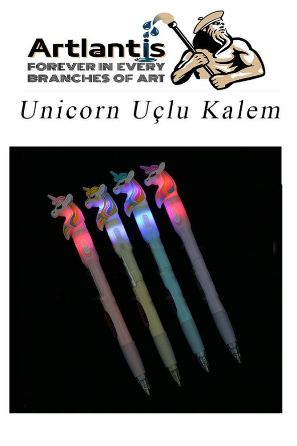 Işıklı Unicorn Uçlu Kalem Seti Sarı 0.7 mm 1 Paket Unicorn Başlıklı Versatil Kalem Süslü Silikonlu Hediyelik Kalem - 6