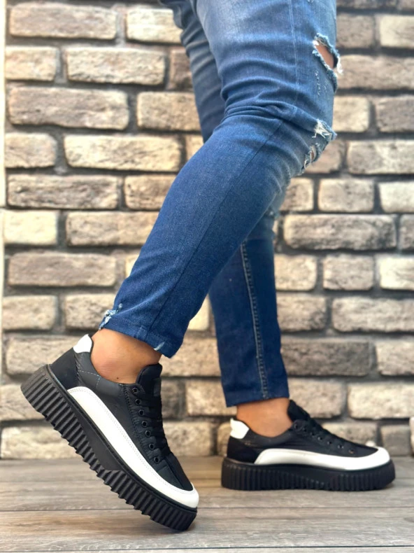 BA0801 BOA Yüksek Taban Siyah Paraşüt Kumaş Beyaz Cilt Detaylı Erkek Ayakkabı - Resim 3