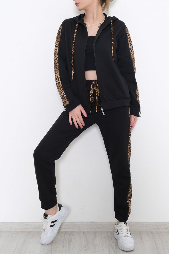 Leopar Detaylı Fermuarlı Takım Siyah - 8386.5238.