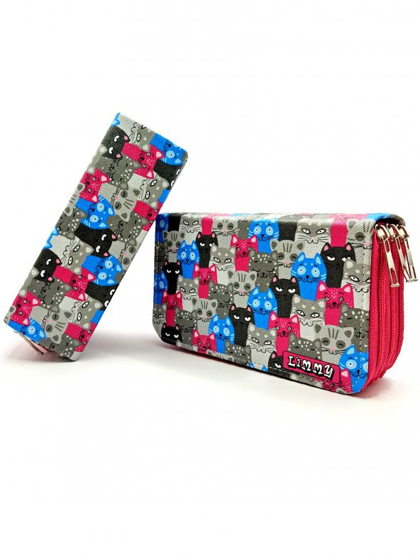 Sevimli Kediler Kawai Organizer Kalemkutu Vegan Deri Üç Bölmeli Kalemlik - Pembe - Resim 2