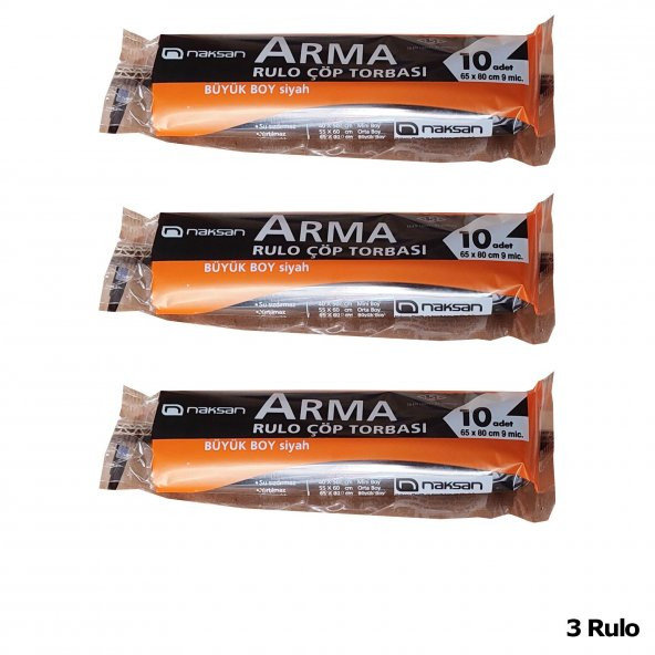 Arma Standart Büyük Boy 50 Litre Çöp Torbası Poşeti / 65 x 80 Cm - Siyah - 10 Adetlik 3 Rulo - 2