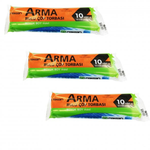 Arma Standart Büyük Boy 50 Litre Çöp Torbası Poşeti / 65 x 80 Cm - Mavi - 10 Adetlik 3 Rulo