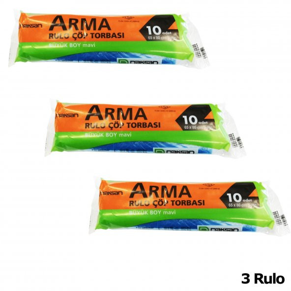 Arma Standart Büyük Boy 50 Litre Çöp Torbası Poşeti / 65 x 80 Cm - Mavi - 10 Adetlik 3 Rulo - 2
