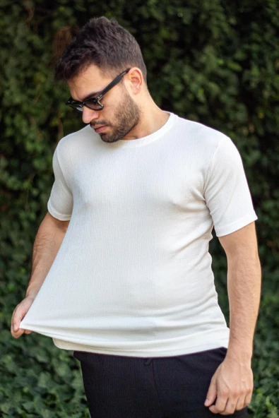 Erkek Beyaz Krep Kumaş Rahat Salaş Esnek Bisiklet Yaka T-Shirt 23ETSHTARP - 5