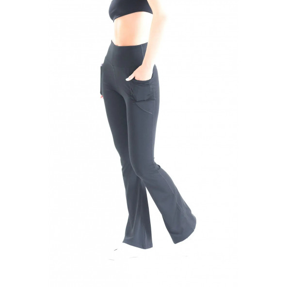 Kadın Siyah Dalgıç Kumaş Yüksek Bel İç Göstermez Likralı Toparlayıcı İspanyol Paça Tayt Pantolon