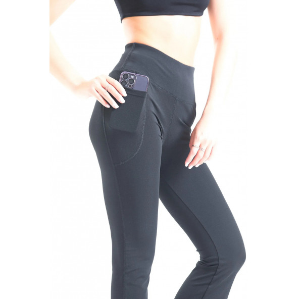 Kadın Siyah Dalgıç Kumaş Yüksek Bel İç Göstermez Likralı Toparlayıcı İspanyol Paça Tayt Pantolon - 2