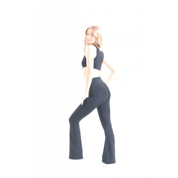 Kadın Siyah Dalgıç Kumaş Yüksek Bel İç Göstermez Likralı Toparlayıcı İspanyol Paça Tayt Pantolon - 3