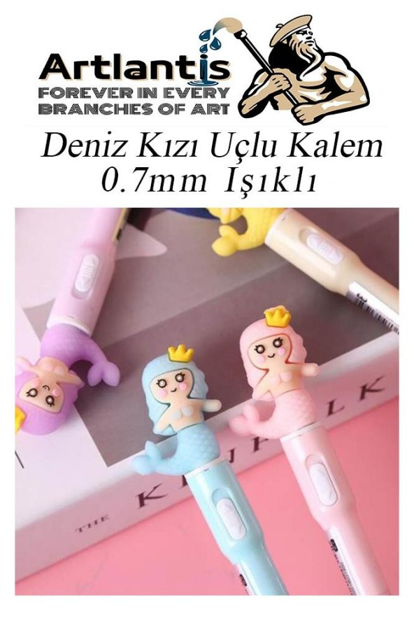 Işıklı Deniz Kızı Uçlu Kalem Seti Pembe 0.7 mm 1 Paket Denizkızı Başlıklı Versatil Kalem Süslü Silikonlu Hediyelik Kalem - 3