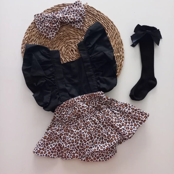 MARS BABY Kız Bebek Leopar Desenli Fırfırlı Salopet Bandana Siyah Fiyonk Çorap Takım