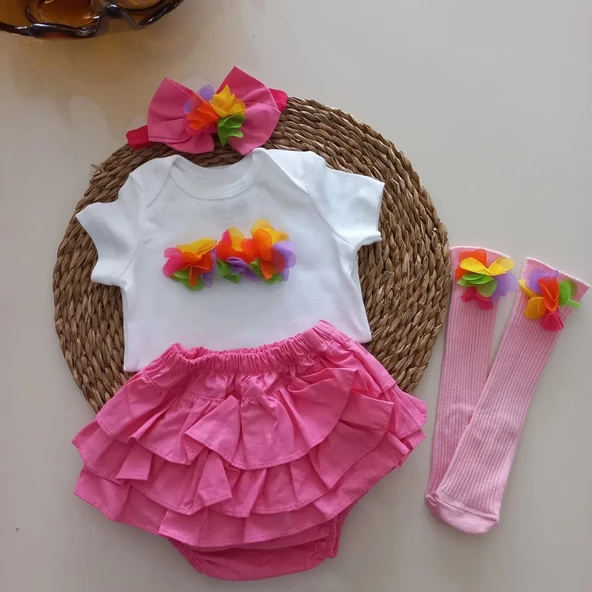 MARS BABY Kız Bebek Fuşya Potpori Fırfırşort Etek Bandana Pembe Çorap Takım