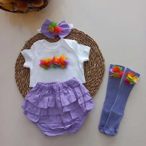 MARS BABY Kız Bebek Lila Potpori Fırfırşort Etek Bandana Çorap Takım