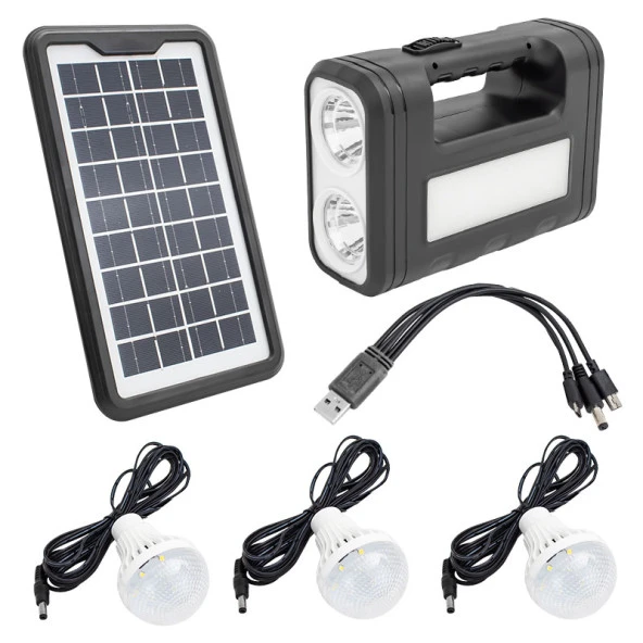 Powermaster Solar Güneş Enerji Panelli 3 Ampullü Kamp Lambası Aydınlatma Powerbank Özellikli Çoklu Şarj Kablolu - 4
