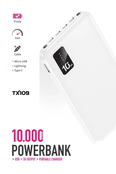 10.000 Mah Kablolu Dijital Göstergeli 10.000 Mah Garantili Dahili Stand TX109 Beyaz Powerbank - 4