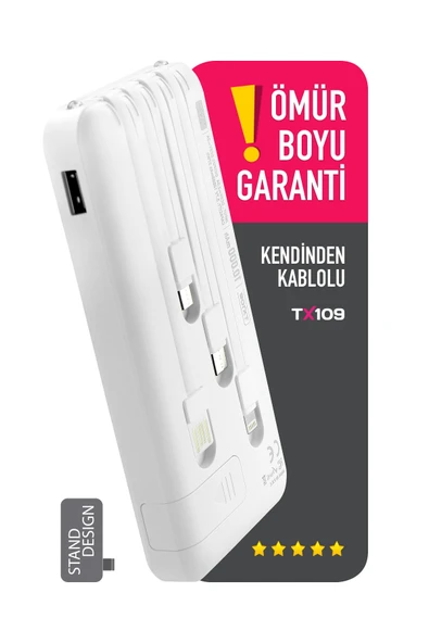 10.000 Mah Kablolu Dijital Göstergeli 10.000 Mah Garantili Dahili Stand TX109 Beyaz Powerbank