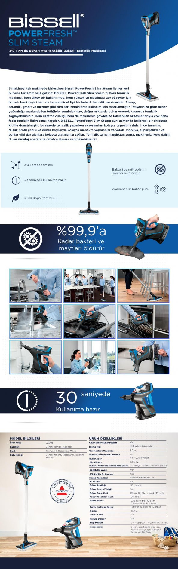 Bissell 2234N Powerfresh Slim Steam 3'Ü 1 Arada Buharı Ayarlanabilir Buharlı Temizlik Makinesi - 7