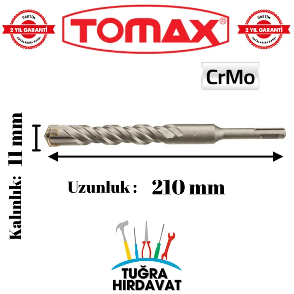 Tomax SDS Plus 11x210 mm 4 Elmaslı Beton ve Duvar Delme Matkap Ucu – CrMo - 2