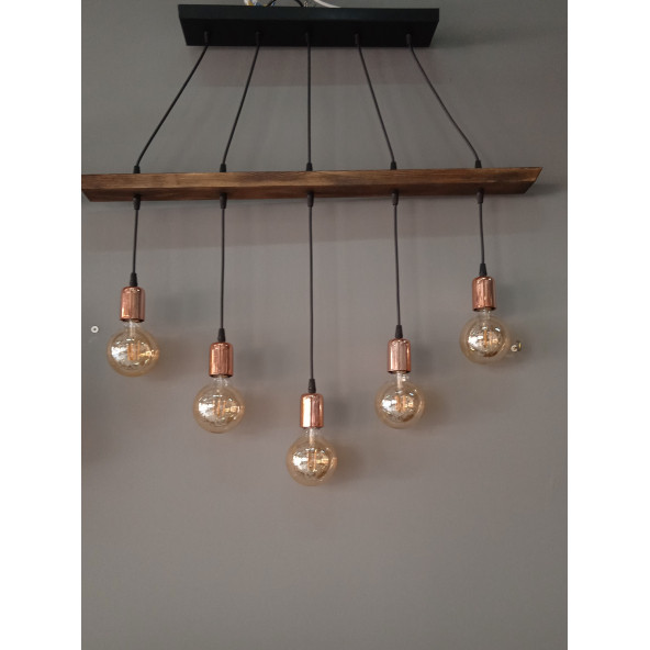 BAKIR DUYLU 5'Lİ AHŞAP SARKIT AVİZE - 2