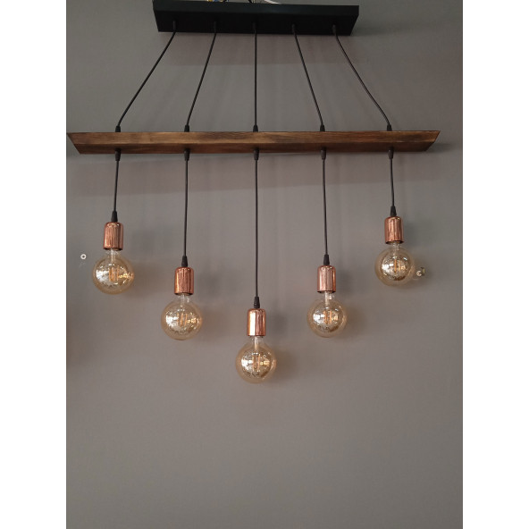 BAKIR DUYLU 5'Lİ AHŞAP SARKIT AVİZE - 3