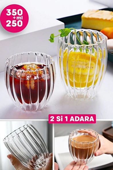 2'li Çift Cidarlı Burgulu Kristal Cam Bardağı Çay Süt Kahve Kupası Sıcak & Soğuk Retro Bardak Seti - 2