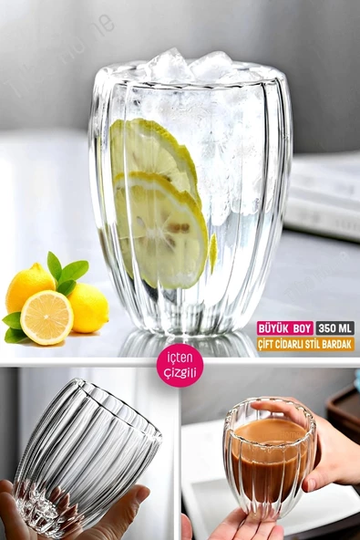 2'li Çift Cidarlı Burgulu Kristal Cam Bardağı Çay Süt Kahve Kupası Sıcak & Soğuk Retro Bardak Seti - 4