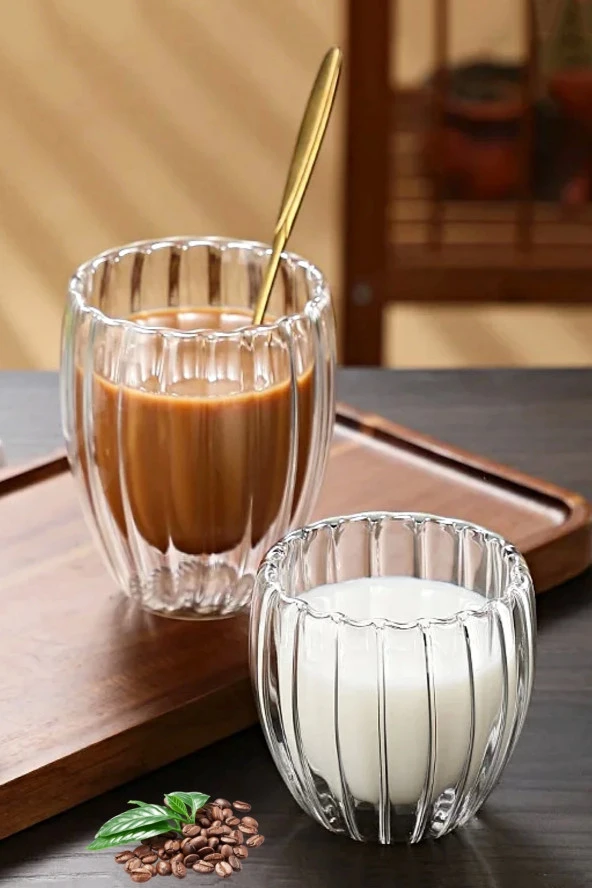 2'li Çift Cidarlı Burgulu Kristal Cam Bardağı Çay Süt Kahve Kupası Sıcak & Soğuk Retro Bardak Seti