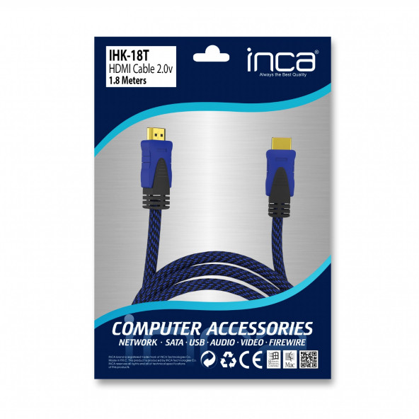 INCA IHK-18T 1,4V 3D Altın Uçlu Örgülü HDMI Kablo 1,8 metre