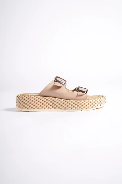 Marta Ten Rengi Hakiki Deri Çift Bantlı Kalın Taban Günlük Terlik - 4