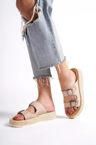 Marta Ten Rengi Hakiki Deri Çift Bantlı Kalın Taban Günlük Terlik - 3