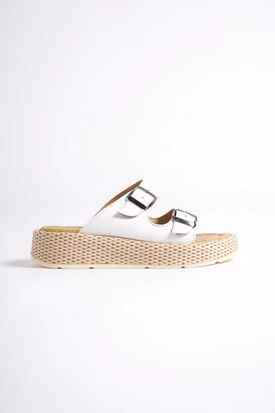 Marta Beyaz Hakiki Deri Çift Bantlı Kalın Taban Günlük Terlik - 4