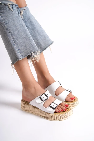 Marta Beyaz Hakiki Deri Çift Bantlı Kalın Taban Günlük Terlik - 2