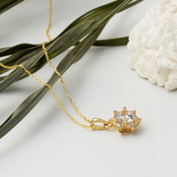 14 Ayar Hanımeli Tek Taş Altın Kolye - Resim 3