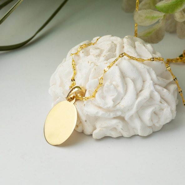 14 Ayar Altın Oval Plaka Kolye - Resim 3