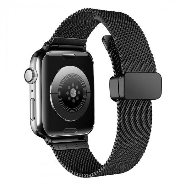 KNY Apple Watch 7 41 MM İçin Hasır Desenli Kopçalı Metal Kayış-Kordon KRD-85 Siyah