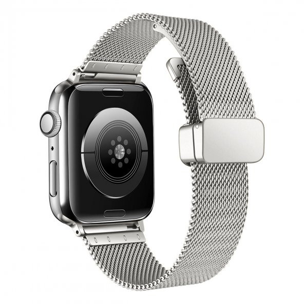 KNY Apple Watch 7 45 MM İçin Hasır Desenli Kopçalı Metal Kayış-Kordon KRD-85 Gri