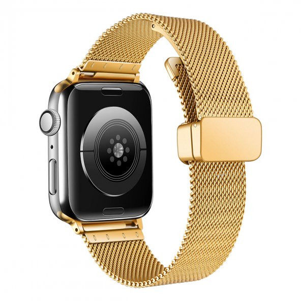 KNY Apple Watch Ultra 49 MM İçin Hasır Desenli Kopçalı Metal Kayış-Kordon KRD-85 Gold