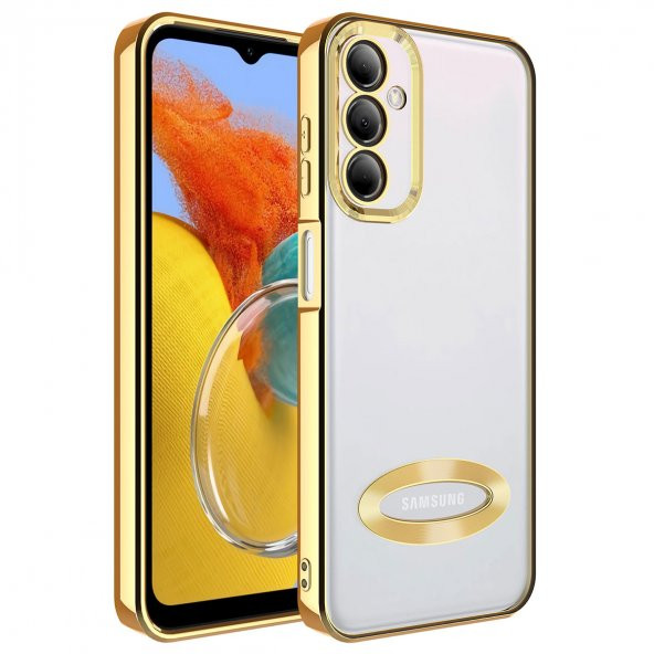 KNY Samsung Galay M14 Kılıf Renkli Kenarlı Logo Açık Şeffaf Omega Silikon Gold