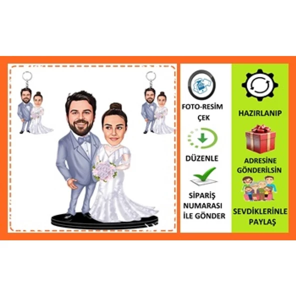 Kişiye Özel Gelin Damat 3D Ahşap Biblo/ + 2 Adet Anahtarlık Hediyeli Sevgiliye Hediye,Doğum