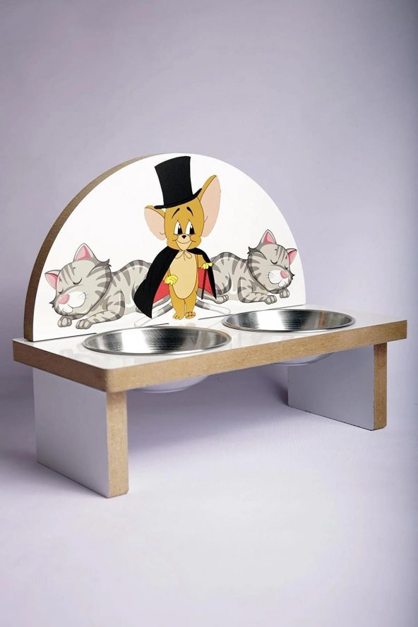 Tom ve Jerry Kedi Baskılı Mama Kabı Ahşap Köpek Mama Su Kabı - 2