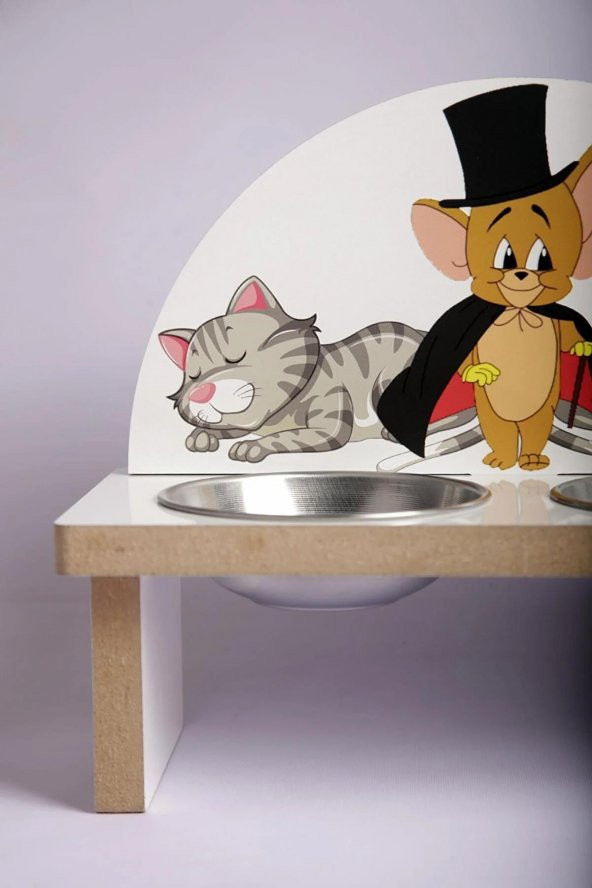 Tom ve Jerry Kedi Baskılı Mama Kabı Ahşap Köpek Mama Su Kabı - 5