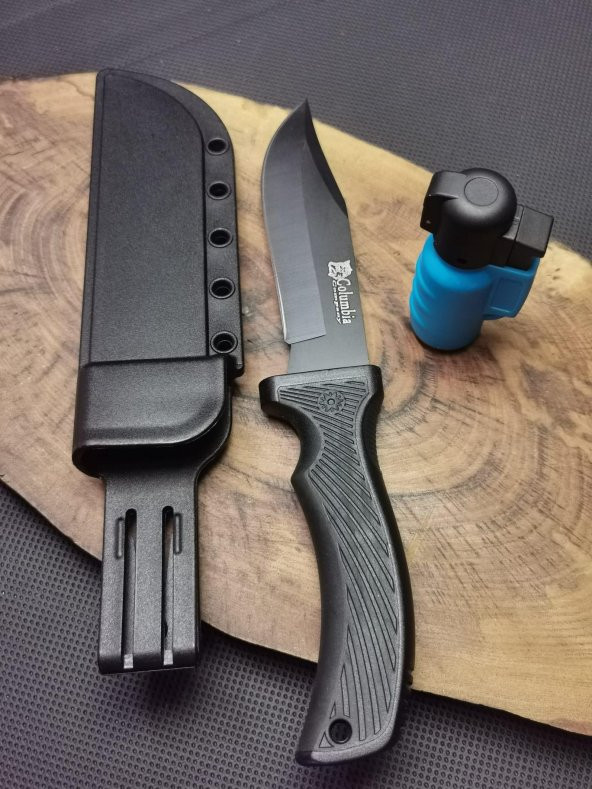 BİL-TEK SHOP Outdoor İsme Özel Sert Kılıflı Avcı Bıçağı ve 1 Torch lu Gazlı Çakmak