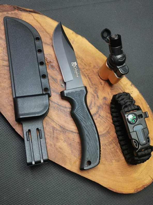 BİL-TEK SHOP Outdoor 23 cm Sert Kılıflı Avcı Bıçağı,Çakmak ve Pusula Bileklik Düdüklü