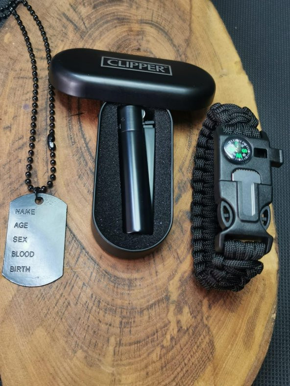 BİL-TEK SHOP Outdoor Clipper Çakmak,Paracord Pusulalı Bileklik ve Asker Künye Seti