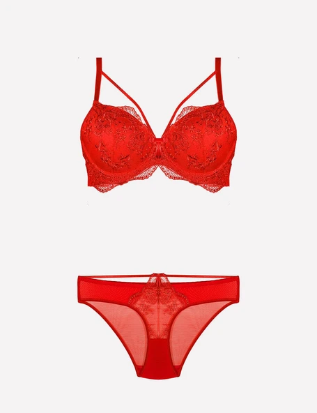 Nurteks Dantel Detaylı Destekli Sütyen Takım Kırmızı - Resim 2