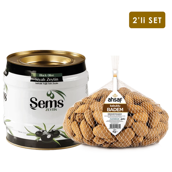 AHSAF  Yağlı Sele Siyah Zeytin 2 kg (261-290) - Kabuklu Badem 1 Kg File