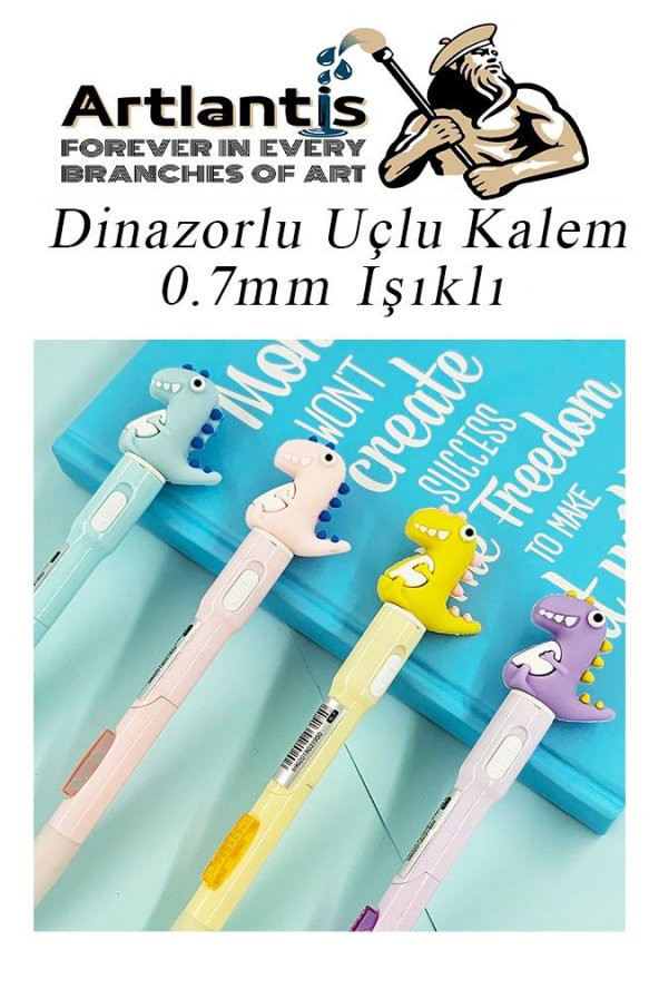 Işıklı Dinazor Uçlu Kalem Seti Mavi 0.7 mm 1 Paket Dinazor Başlıklı Versatil Kalem Süslü Silikonlu Hediyelik Kalem - 2