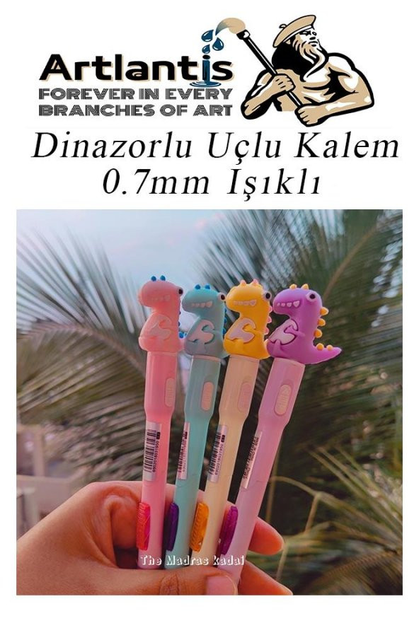 Işıklı Dinazor Uçlu Kalem Seti Mavi 0.7 mm 1 Paket Dinazor Başlıklı Versatil Kalem Süslü Silikonlu Hediyelik Kalem - 3