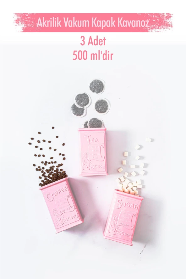 Akrilik Soft Pembe Şeker Kahve Çay Kavanozu 500 Ml (Vakum Kapak )