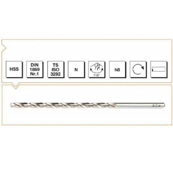 Makina Takım 5 mm Silindirik Saplı Uzun Matkap Ucu N Tipi HSS DIN 1869-1